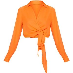 PrettyLittleThing Sheer Neon Orange Wrap Blouse